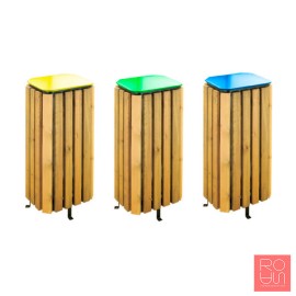 Paperera de fusta per reciclatge amb tapa metàl·lica